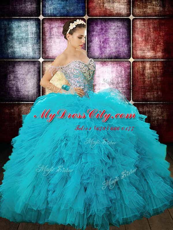 Deluxe Off the Shoulder Sleeveless Tulle Floor Length Zipper 15 Quinceanera Dress in Aqua Blue with Beading and Ruffles and Sequins