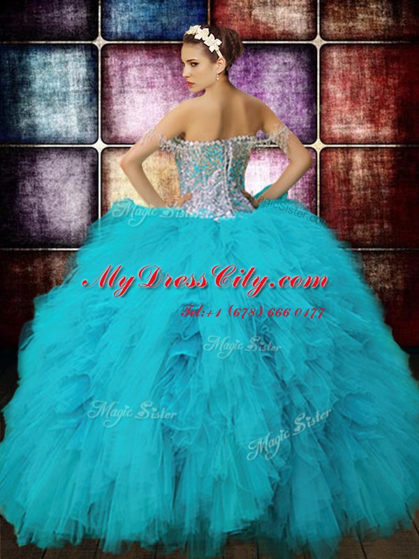 Deluxe Off the Shoulder Sleeveless Tulle Floor Length Zipper 15 Quinceanera Dress in Aqua Blue with Beading and Ruffles and Sequins