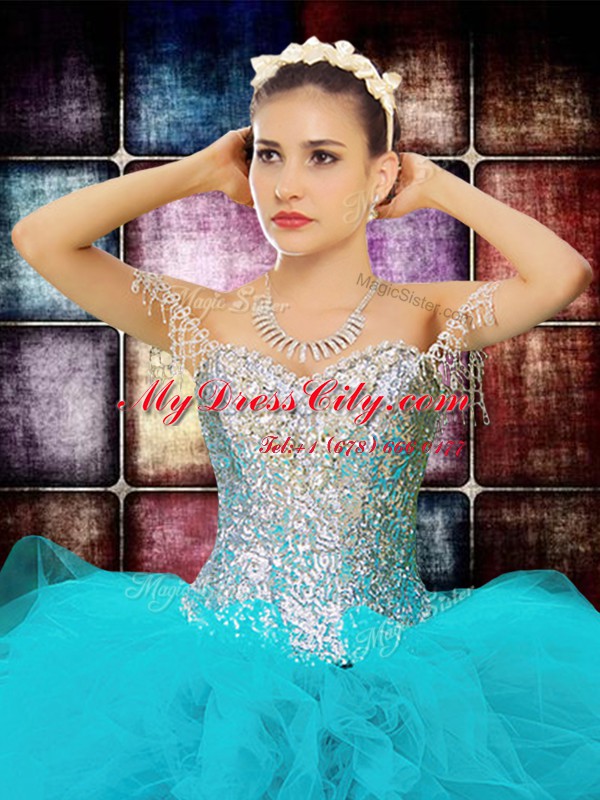 Deluxe Off the Shoulder Sleeveless Tulle Floor Length Zipper 15 Quinceanera Dress in Aqua Blue with Beading and Ruffles and Sequins