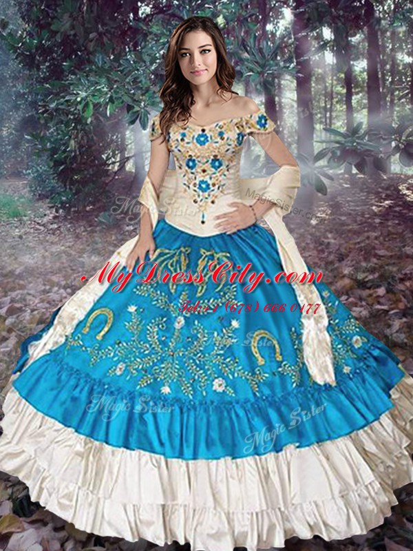 Customized Off the Shoulder Teal Cap Sleeves Embroidery and Ruffled Layers Lace Up Sweet 16 Dresses