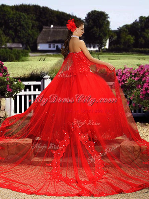 With Train Ball Gowns Sleeveless Red Quinceanera Dress Watteau Train Lace Up