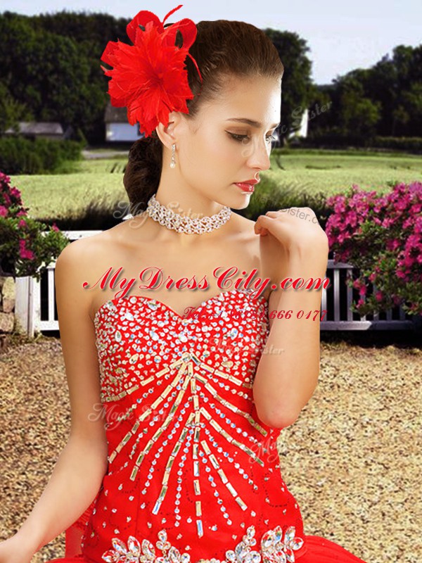 With Train Ball Gowns Sleeveless Red Quinceanera Dress Watteau Train Lace Up