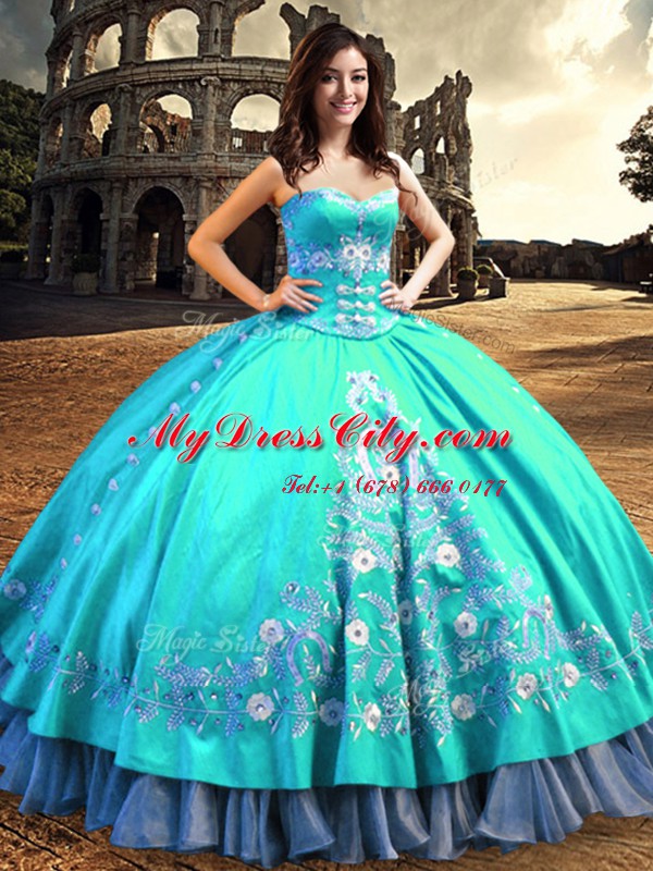 Inexpensive Embroidery Floor Length Ball Gowns Sleeveless Aqua Blue Sweet 16 Dresses Lace Up