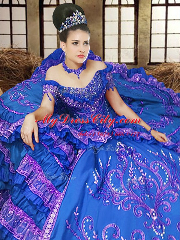 Royal Blue Ball Gowns Satin Off The Shoulder Sleeveless Embroidery Floor Length Lace Up 15th Birthday Dress