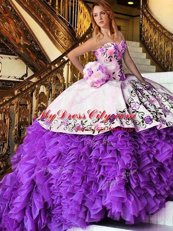 Floor Length White And Purple 15th Birthday Dress Sweetheart Sleeveless Lace Up