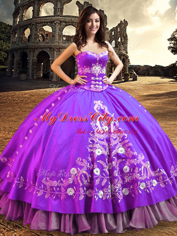 Popular Floor Length Lace Up Sweet 16 Quinceanera Dress Purple for Military Ball and Sweet 16 and Quinceanera with Embroidery