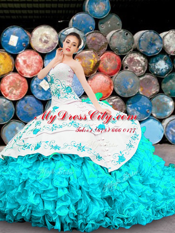 Romantic Blue And White Ball Gowns Sweetheart Sleeveless Organza Floor Length Lace Up Appliques and Embroidery and Ruffles Quince Ball Gowns