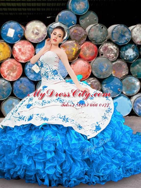 Halter Top Blue And White Ball Gowns Appliques and Embroidery and Ruffles Quinceanera Gown Lace Up Organza Sleeveless Floor Length