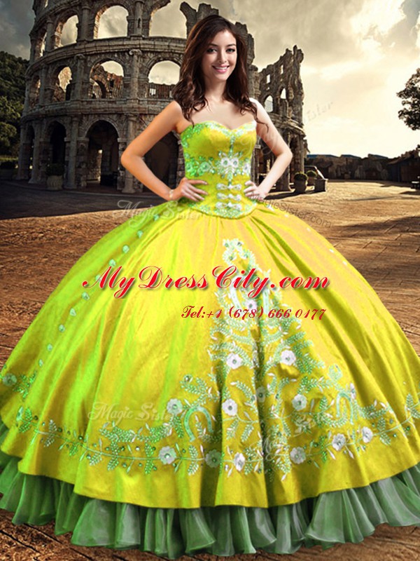 Trendy One Shoulder Floor Length Lace Up 15 Quinceanera Dress Yellow Green for Military Ball and Sweet 16 and Quinceanera with Lace and Embroidery