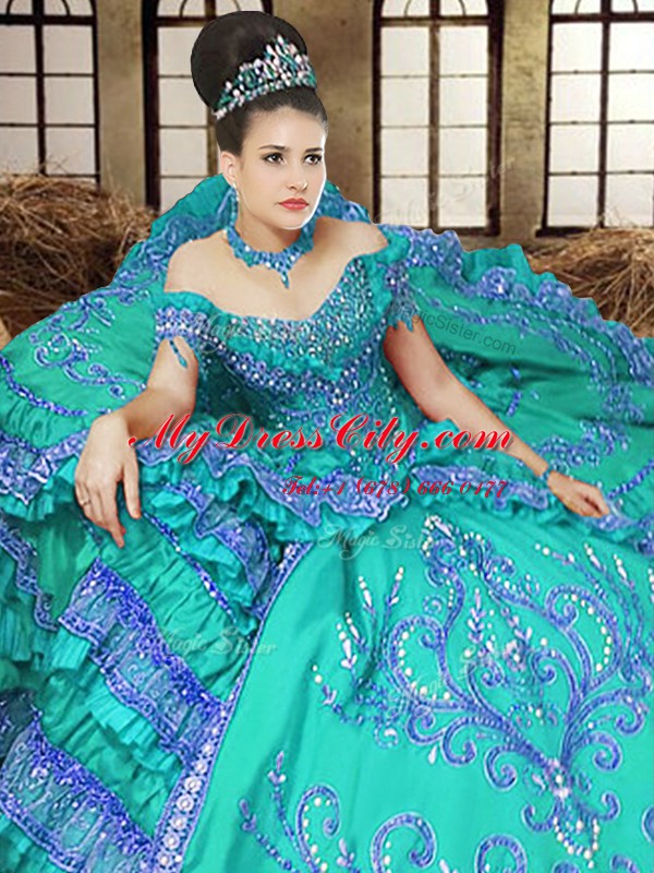 Off the Shoulder Sleeveless Satin Floor Length Lace Up Vestidos de Quinceanera in Turquoise with Embroidery