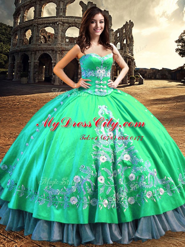 Hot Selling Satin Off The Shoulder Sleeveless Lace Up Lace and Embroidery Quinceanera Dresses in Turquoise