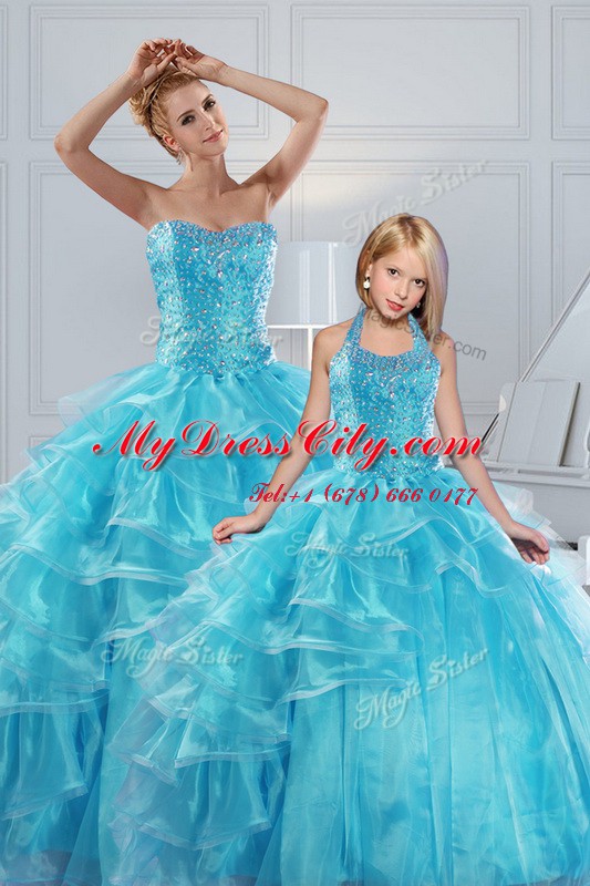 Aqua Blue Sweetheart Lace Up Beading and Ruffled Layers Quinceanera Gown Sleeveless