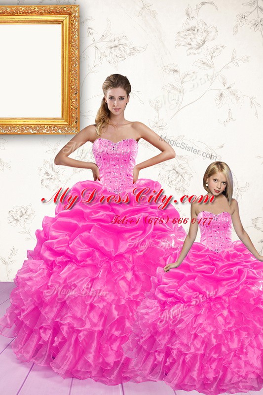 Cute Sleeveless Organza Floor Length Lace Up Ball Gown Prom Dress in Hot Pink with Beading and Ruffles and Pick Ups