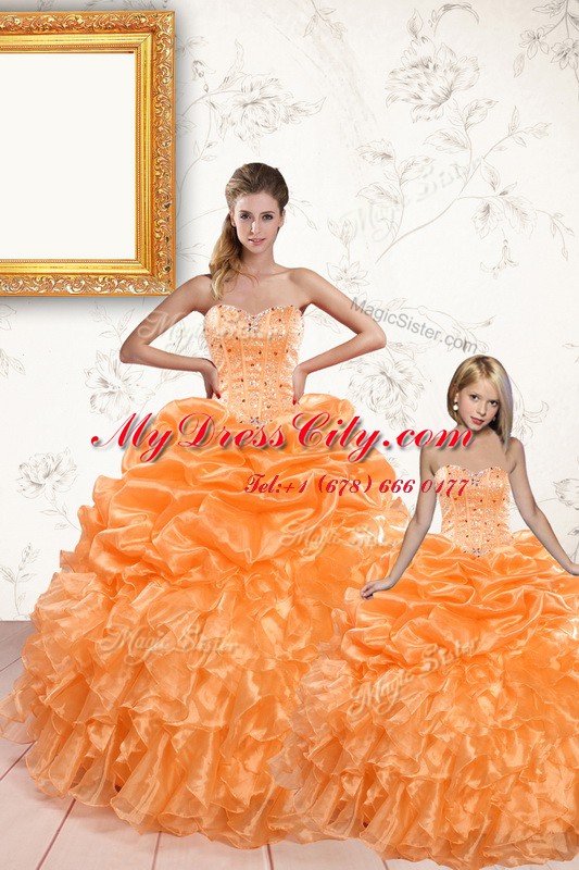 Deluxe Orange Lace Up Sweetheart Beading and Ruffles and Pick Ups Sweet 16 Dresses Organza Sleeveless