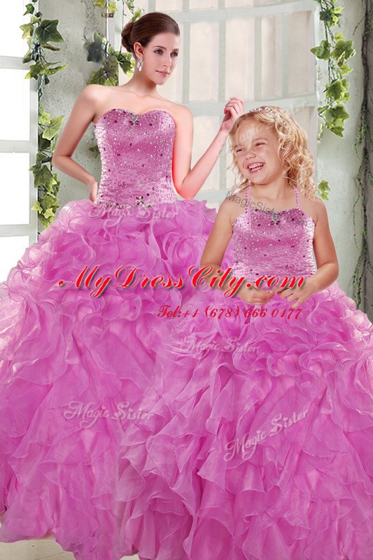 Fantastic Lilac Ball Gowns Organza Strapless Sleeveless Beading and Ruffles Floor Length Lace Up Quinceanera Dresses