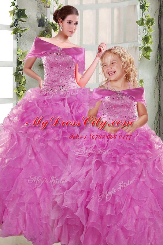 Fantastic Lilac Ball Gowns Organza Strapless Sleeveless Beading and Ruffles Floor Length Lace Up Quinceanera Dresses