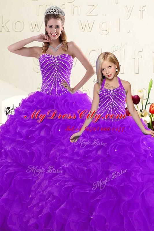 Sweetheart Sleeveless Quinceanera Dress Floor Length Beading and Ruffles Purple Organza