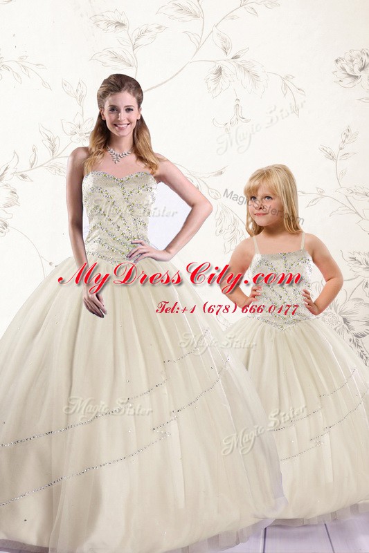 Flare Tulle Sweetheart Sleeveless Lace Up Beading Quinceanera Gowns in Champagne