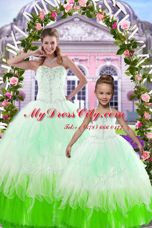 High Quality Sleeveless Tulle Floor Length Lace Up Quinceanera Gown in Multi-color with Beading