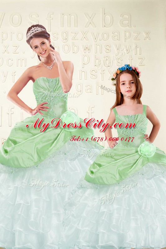 Floor Length Quinceanera Gown Organza and Taffeta Sleeveless Beading and Ruffled Layers and Hand Made Flower