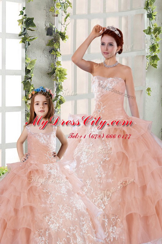 Custom Made Ruffled Ball Gowns Sweet 16 Quinceanera Dress Peach Strapless Organza Sleeveless Floor Length Lace Up