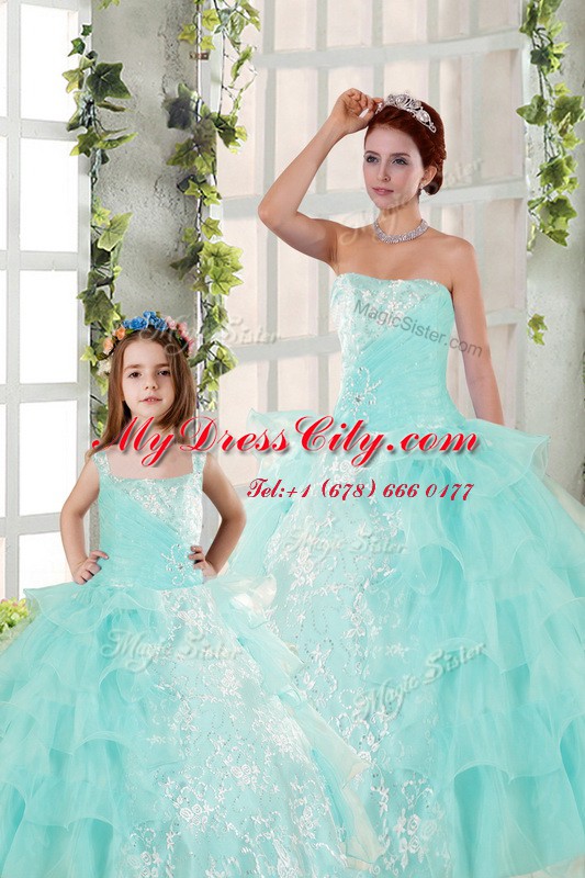 Chic Beading and Ruffled Layers and Ruching 15th Birthday Dress Aqua Blue Lace Up Sleeveless Floor Length