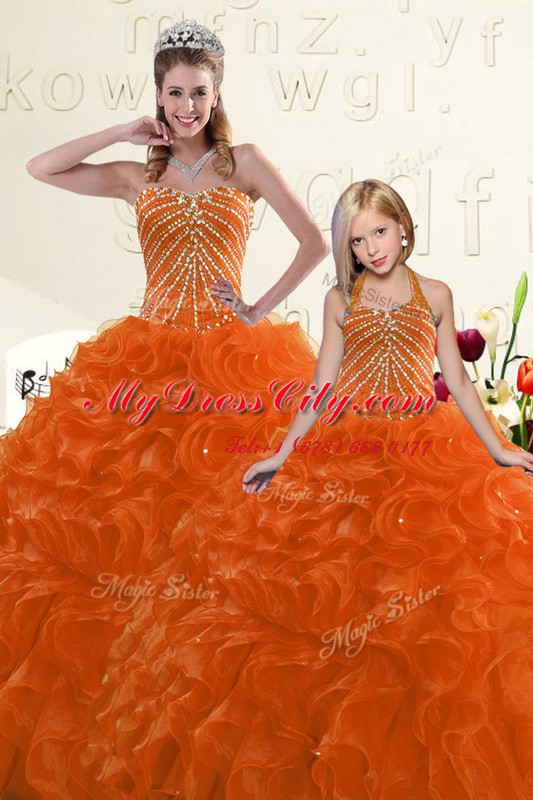 Perfect Orange Organza Lace Up 15th Birthday Dress Sleeveless Floor Length Beading and Ruffles