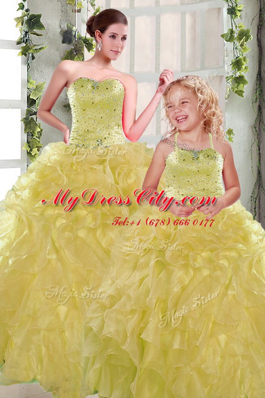 Best Floor Length Lace Up Quinceanera Dresses Yellow for Military Ball and Sweet 16 and Quinceanera with Beading and Ruffles