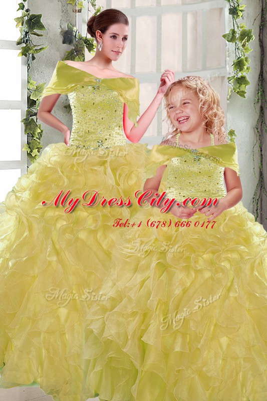 Best Floor Length Lace Up Quinceanera Dresses Yellow for Military Ball and Sweet 16 and Quinceanera with Beading and Ruffles