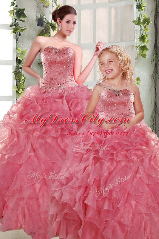 Pretty Floor Length Rose Pink Sweet 16 Dress Organza Sleeveless Beading and Ruffles