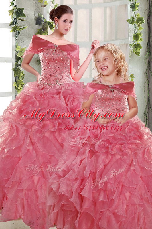 Pretty Floor Length Rose Pink Sweet 16 Dress Organza Sleeveless Beading and Ruffles