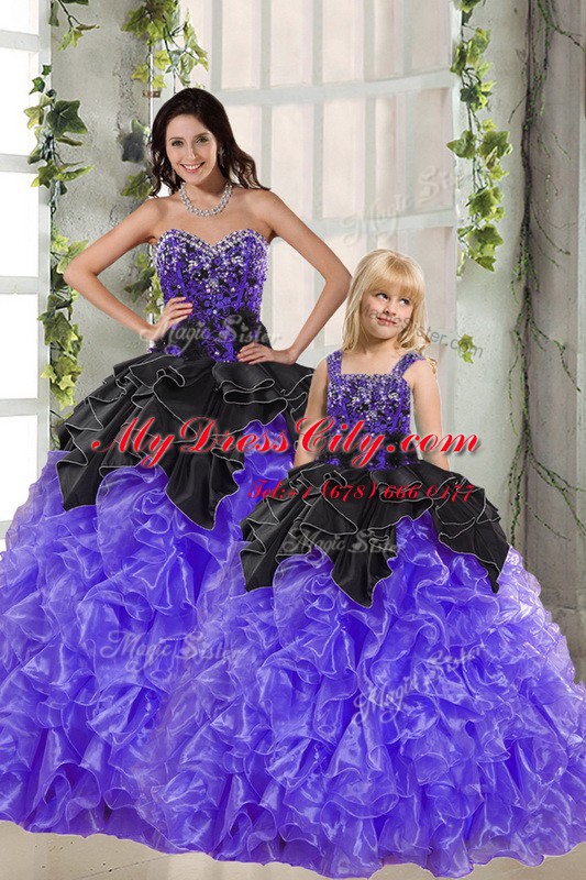 Black And Purple Ball Gowns Beading and Ruffles Quinceanera Dresses Lace Up Organza Sleeveless Floor Length