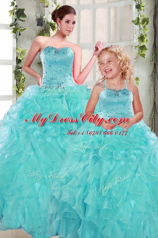 Excellent Turquoise Ball Gowns Organza Sweetheart Sleeveless Beading and Ruffles Floor Length Lace Up Sweet 16 Dress