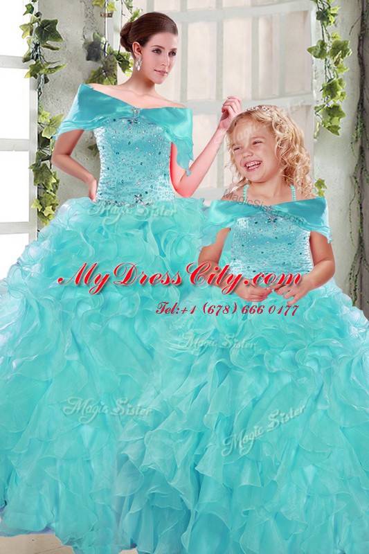 Excellent Turquoise Ball Gowns Organza Sweetheart Sleeveless Beading and Ruffles Floor Length Lace Up Sweet 16 Dress