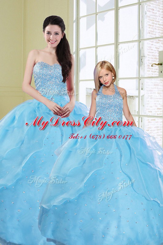 Edgy Sequins Floor Length Ball Gowns Sleeveless Baby Blue Sweet 16 Dresses Lace Up