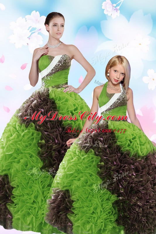 Spectacular Fabric With Rolling Flowers Strapless Sleeveless Lace Up Beading and Sequins Ball Gown Prom Dress in Green