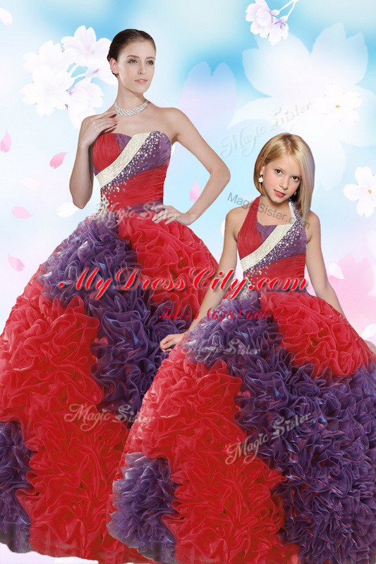 High Class Fabric With Rolling Flowers Sleeveless Floor Length Quinceanera Dress and Beading