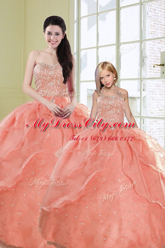 Discount Organza Sweetheart Sleeveless Lace Up Beading and Sequins Quinceanera Dress in Watermelon Red