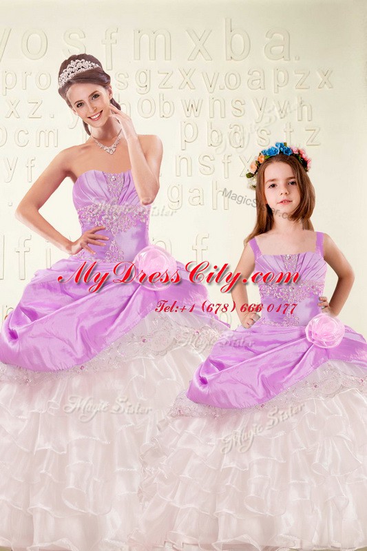 Comfortable Organza and Taffeta Sleeveless Floor Length Quince Ball Gowns and Beading and Ruffled Layers and Hand Made Flower