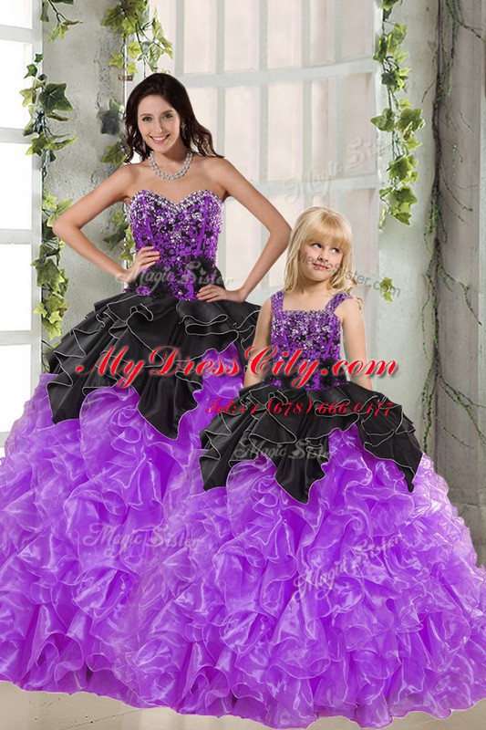 Customized Black And Purple Ball Gowns Beading and Ruffles Quinceanera Gown Lace Up Organza Sleeveless Floor Length