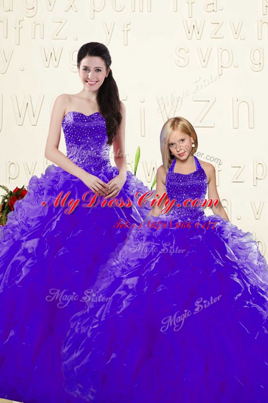 Customized Purple Sweetheart Lace Up Beading and Ruffles 15th Birthday Dress Sleeveless