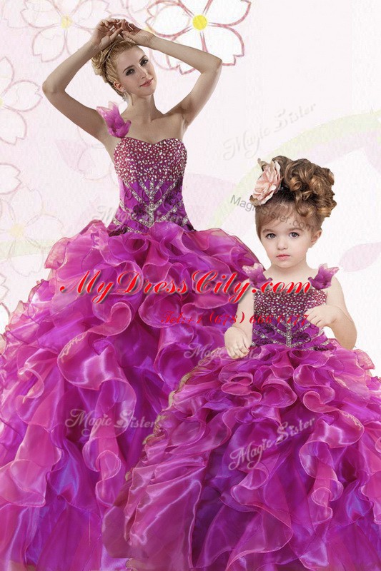 Fuchsia Lace Up Sweetheart Beading and Ruffles Vestidos de Quinceanera Organza Sleeveless