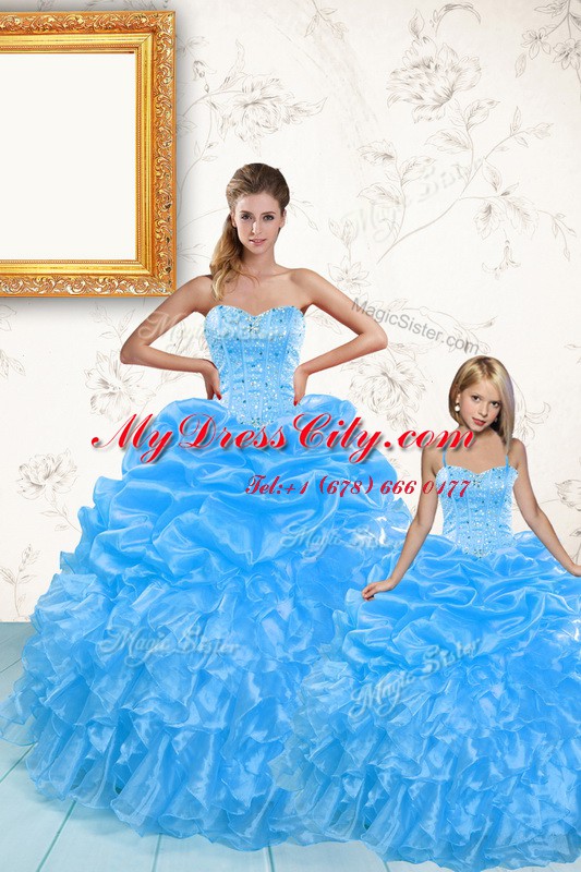 Flirting Baby Blue Sweet 16 Dress Military Ball and Sweet 16 and Quinceanera and For with Beading and Ruffles and Pick Ups Sweetheart Sleeveless Lace Up