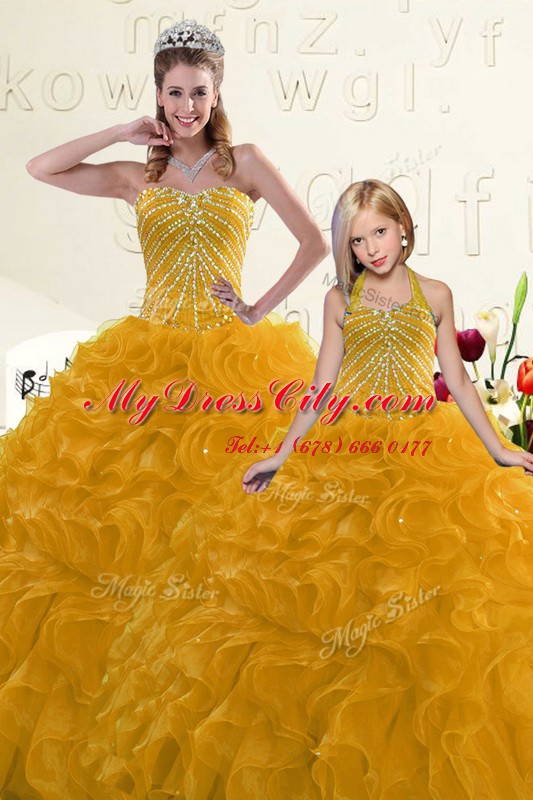 Dynamic Gold Sweetheart Lace Up Beading and Ruffles Quinceanera Dress Sleeveless