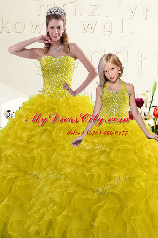 Hot Sale Sleeveless Floor Length Beading and Ruffles Lace Up Ball Gown Prom Dress with Gold