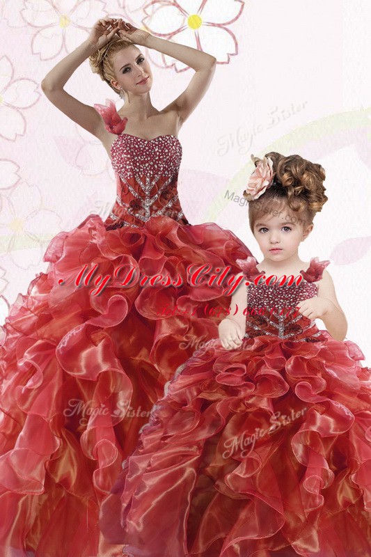 One Shoulder Coral Red Sleeveless Organza Lace Up Sweet 16 Dress for Military Ball and Sweet 16 and Quinceanera