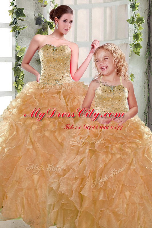 Modest Ball Gowns 15 Quinceanera Dress Orange Strapless Organza Sleeveless Floor Length Lace Up