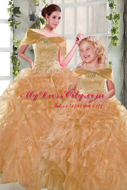 Modest Ball Gowns 15 Quinceanera Dress Orange Strapless Organza Sleeveless Floor Length Lace Up