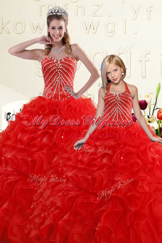 Red Sweetheart Lace Up Beading and Ruffles Quinceanera Gowns Sleeveless