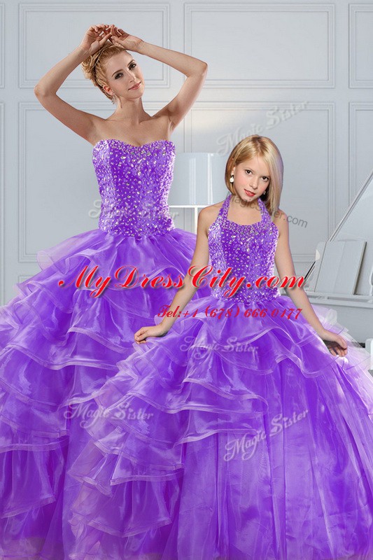 Lavender Sleeveless Floor Length Beading and Ruffled Layers Lace Up Quinceanera Gown